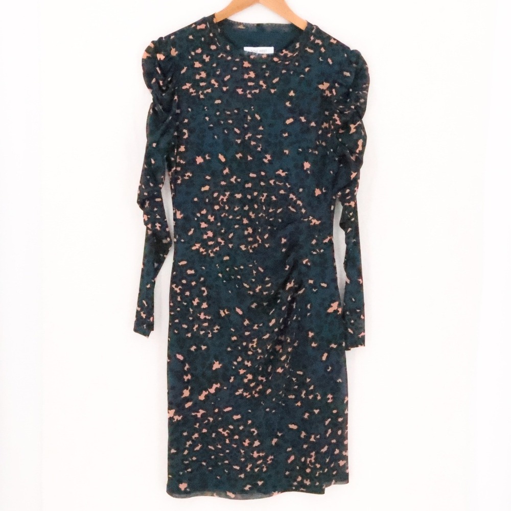 Nine West Ruched Mesh Sheath Dress Womens Size S Teal Animal Print Long Sleeve